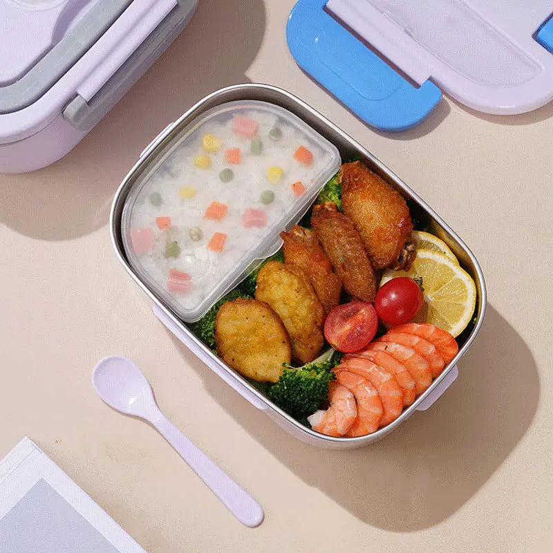 Dark grey and teal electric lunch box with carry bag, food container, cutlery and power leads
