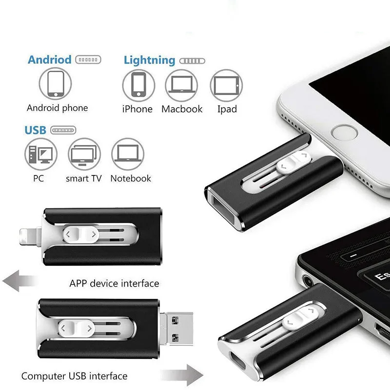 Compact 4-in-1 USB flash drive with sliding multi-connector design and separate adapter