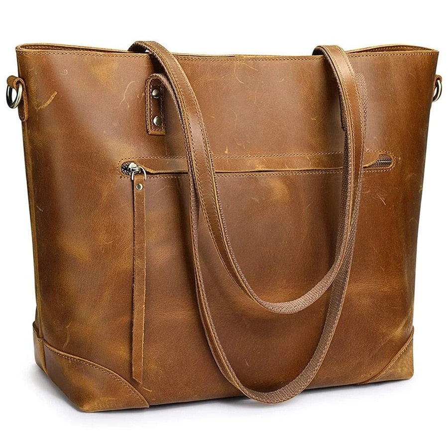 Vintage faux leather tote bag with long handles and front zipped pocket