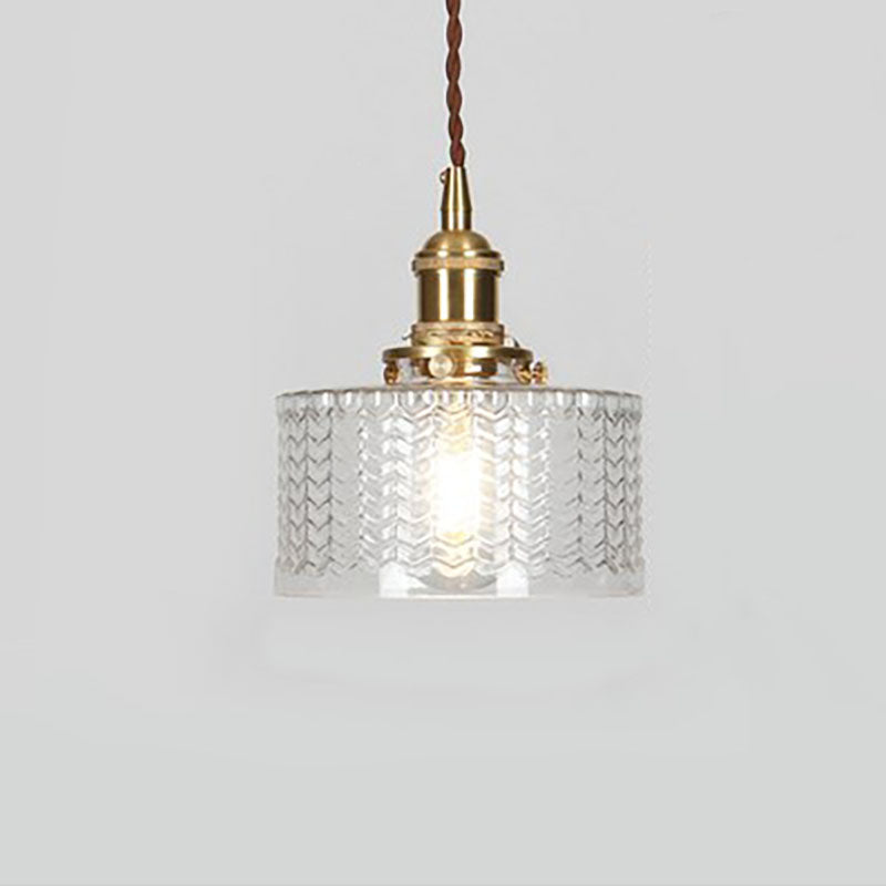 Round pendant light with patterned glass shade, brass finish and twisted hanging cord