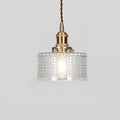 Round pendant light with patterned glass shade, brass finish and twisted hanging cord