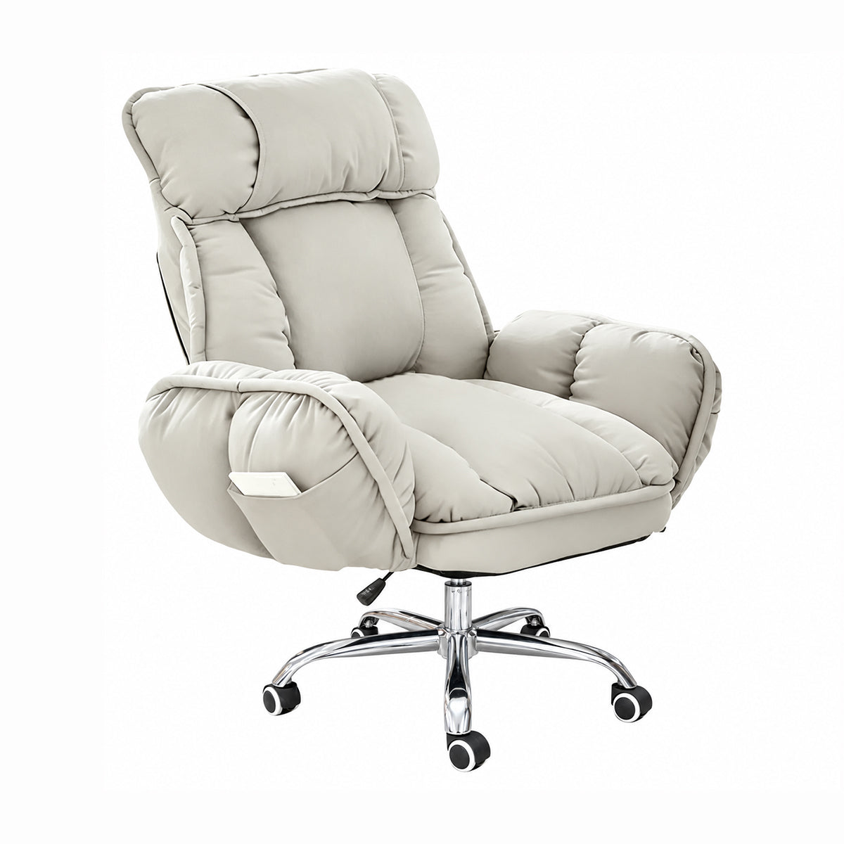Padded reclining gaming office chair with armrests and wheeled swivel base