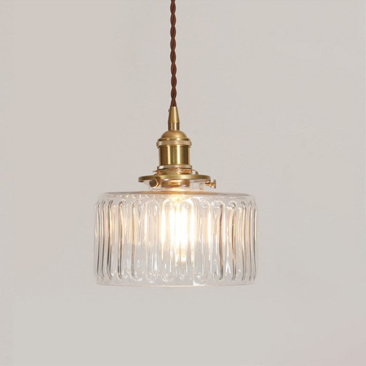 Round pendant light with patterned glass shade, brass finish and twisted hanging cord