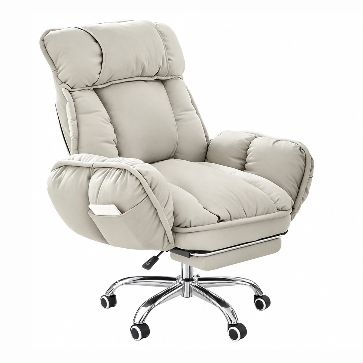 Padded reclining gaming office chair with armrests and wheeled swivel base