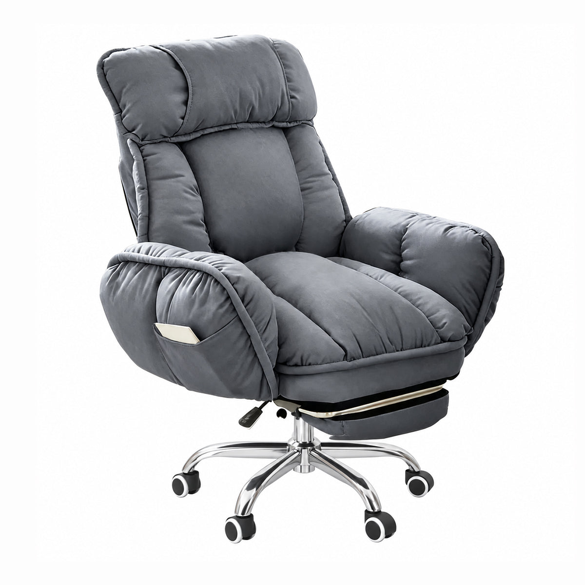 Padded reclining gaming office chair with armrests and wheeled swivel base
