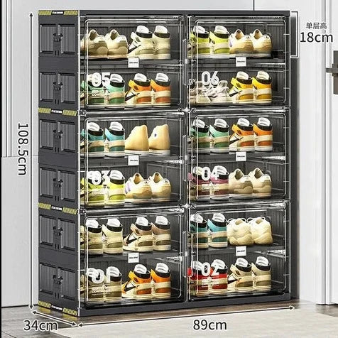 Two-tier stackable shoe storage cabinet with transparent front doors