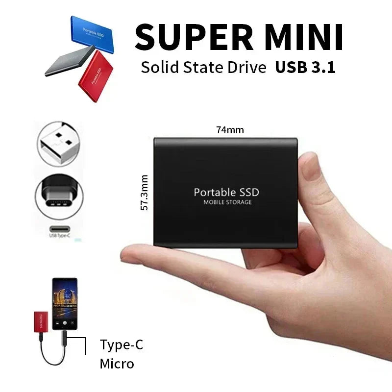 Portable external SSD connected to a laptop with a cable