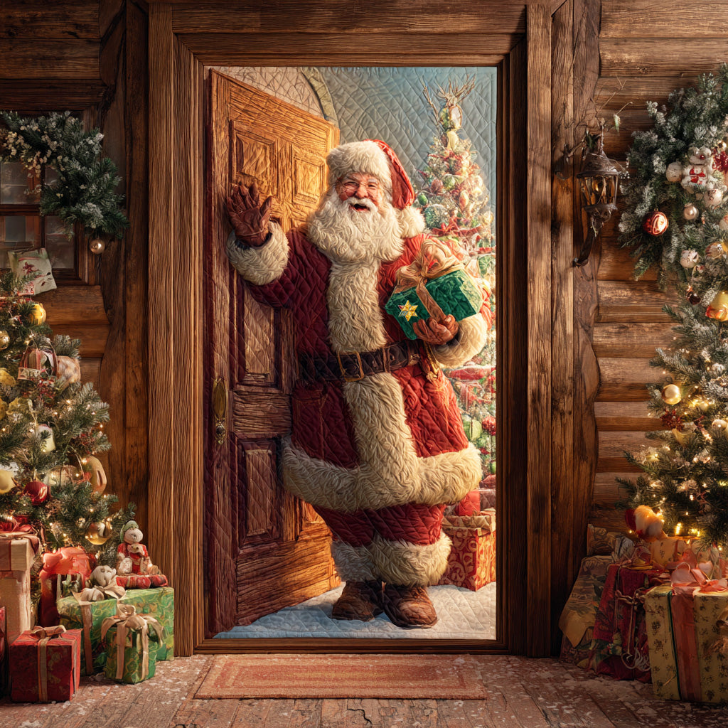 Quilted Christmas door cover showing Santa carrying a present beside a decorated tree