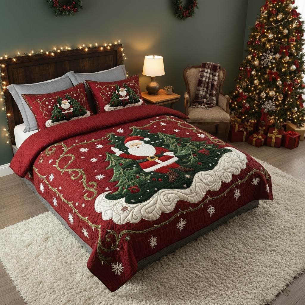 Red quilted Christmas bedding set with Santa, Christmas trees and matching pillow shams