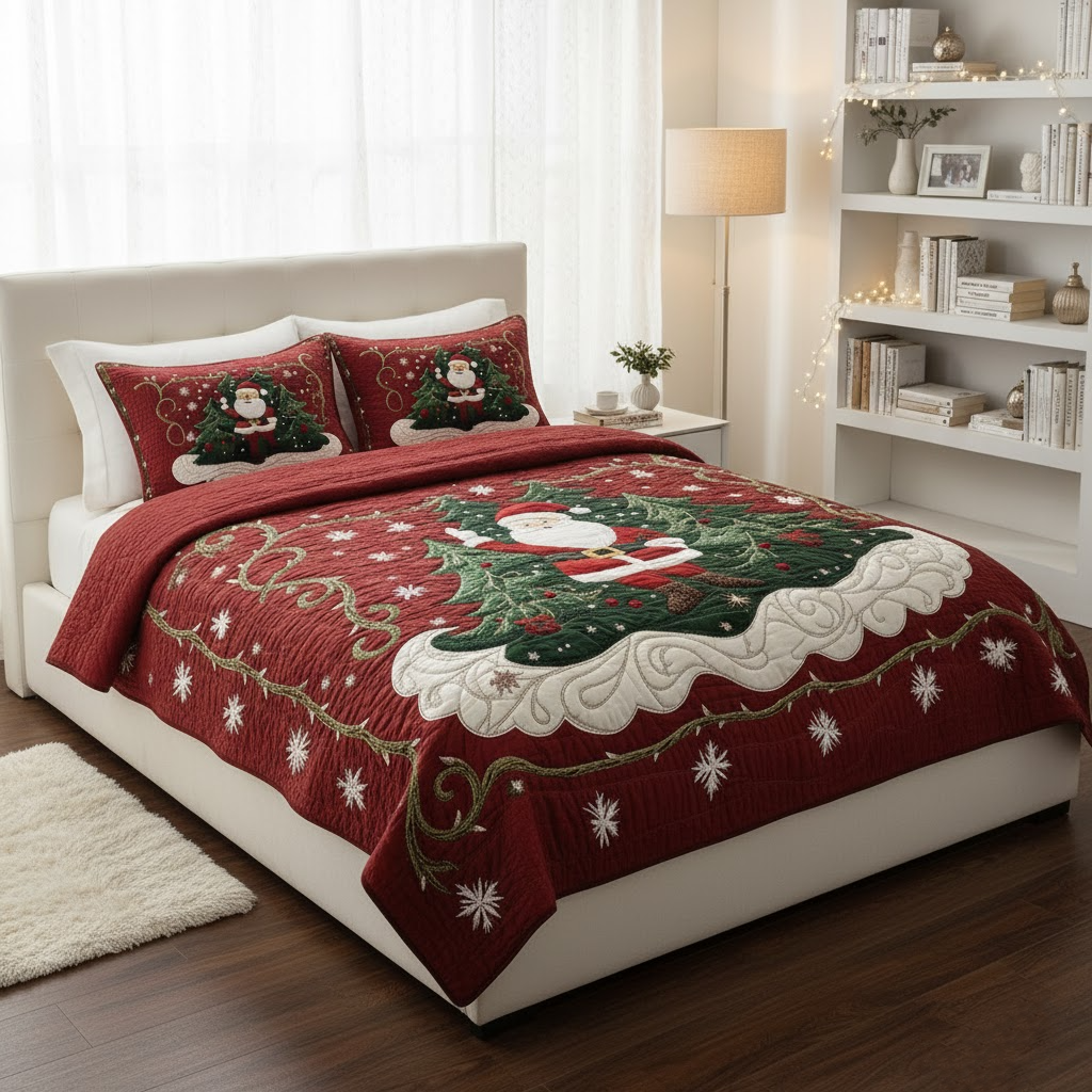 Red quilted Christmas bedding set with Santa, Christmas trees and matching pillow shams