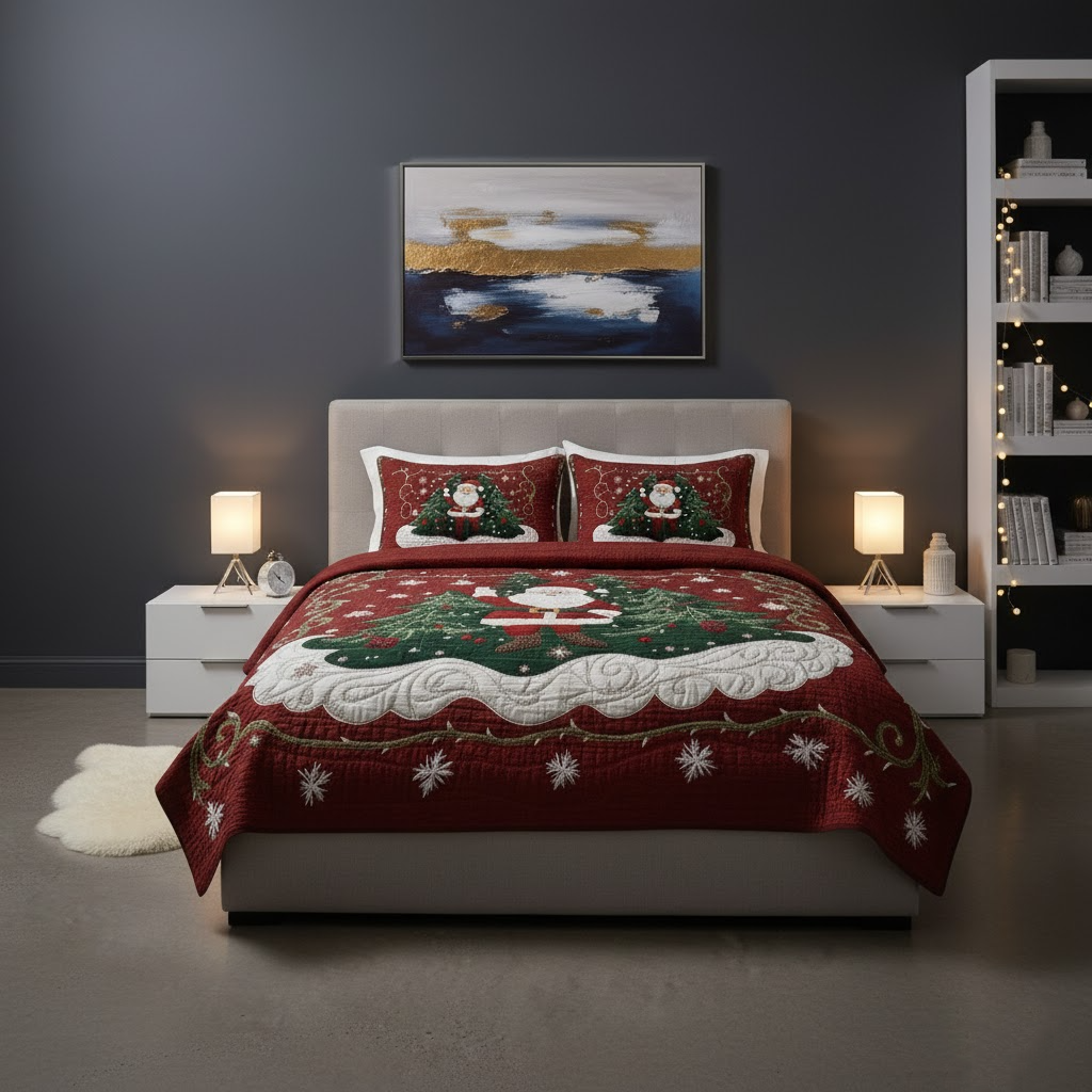 Red quilted Christmas bedding set with Santa, Christmas trees and matching pillow shams