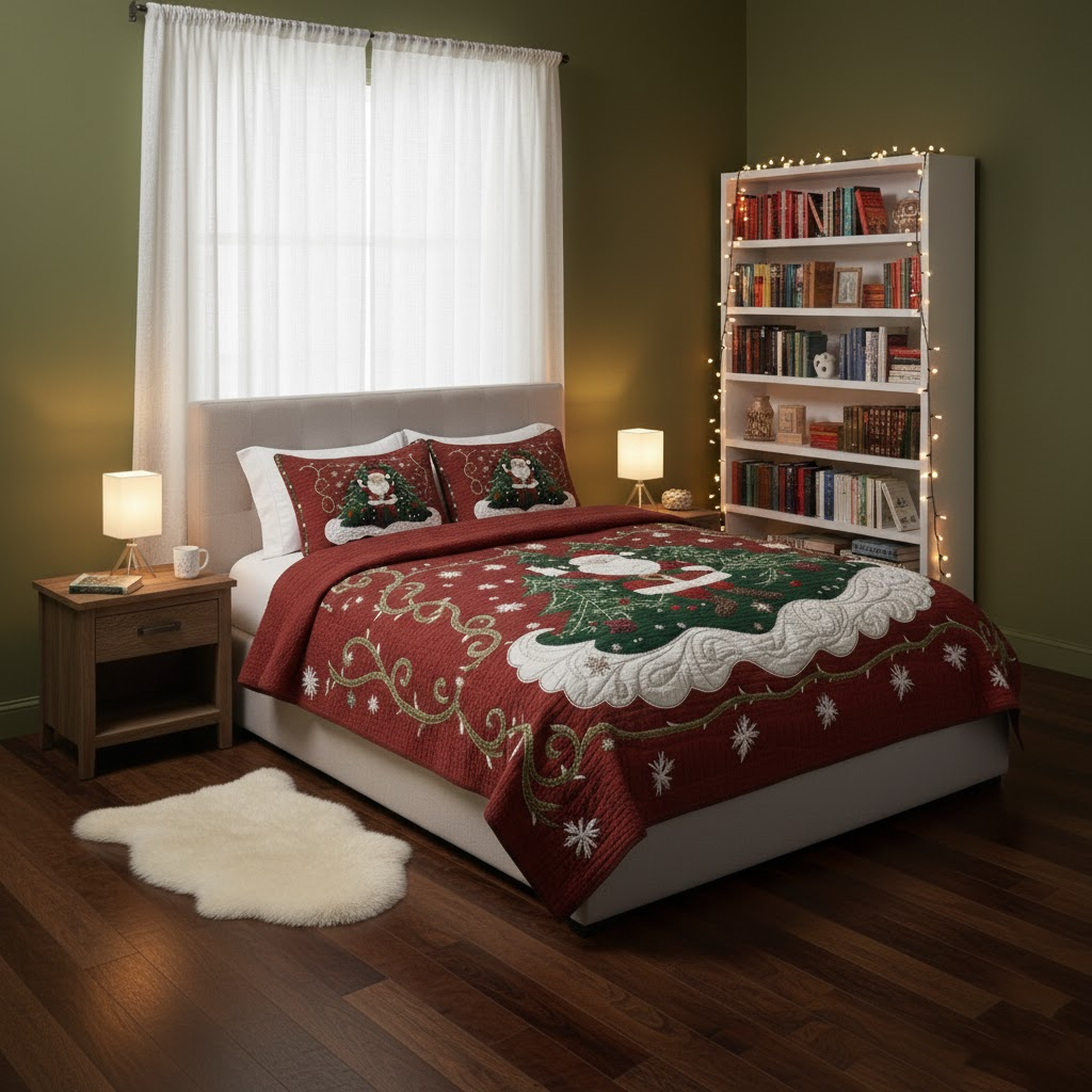 Red quilted Christmas bedding set with Santa, Christmas trees and matching pillow shams