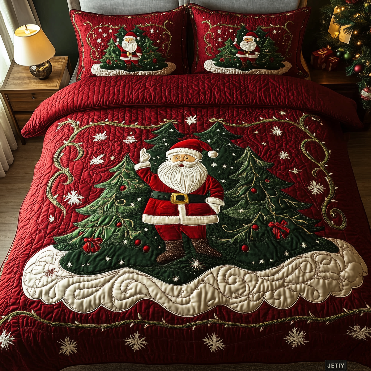 Red quilted Christmas bedding set with Santa, Christmas trees and matching pillow shams