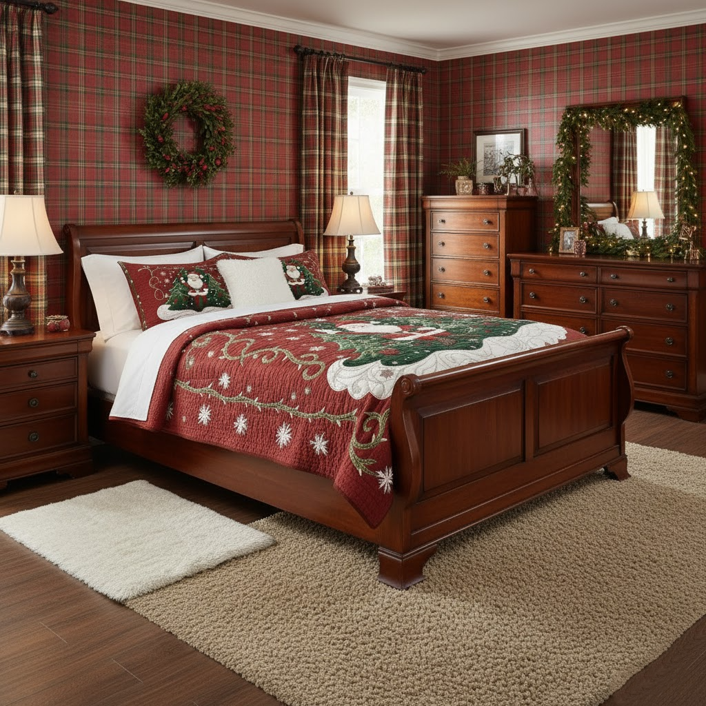 Red quilted Christmas bedding set with Santa, Christmas trees and matching pillow shams