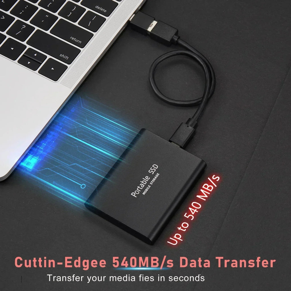 Portable external SSD connected to a laptop with a cable