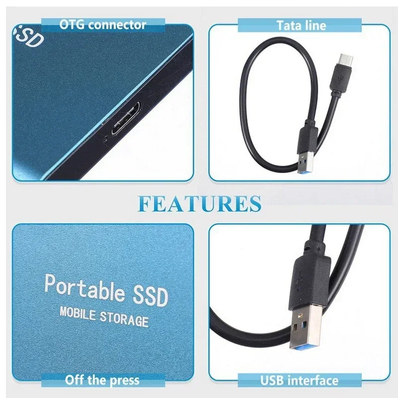 Portable external SSD connected to a laptop with a cable