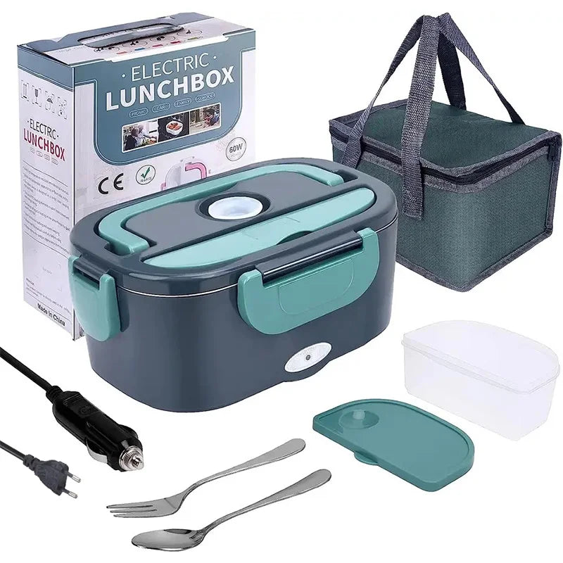 Dark grey and teal electric lunch box with carry bag, food container, cutlery and power leads