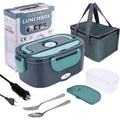 Dark grey and teal electric lunch box with carry bag, food container, cutlery and power leads