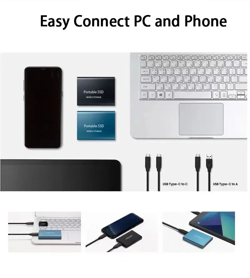 Portable external SSD connected to a laptop with a cable