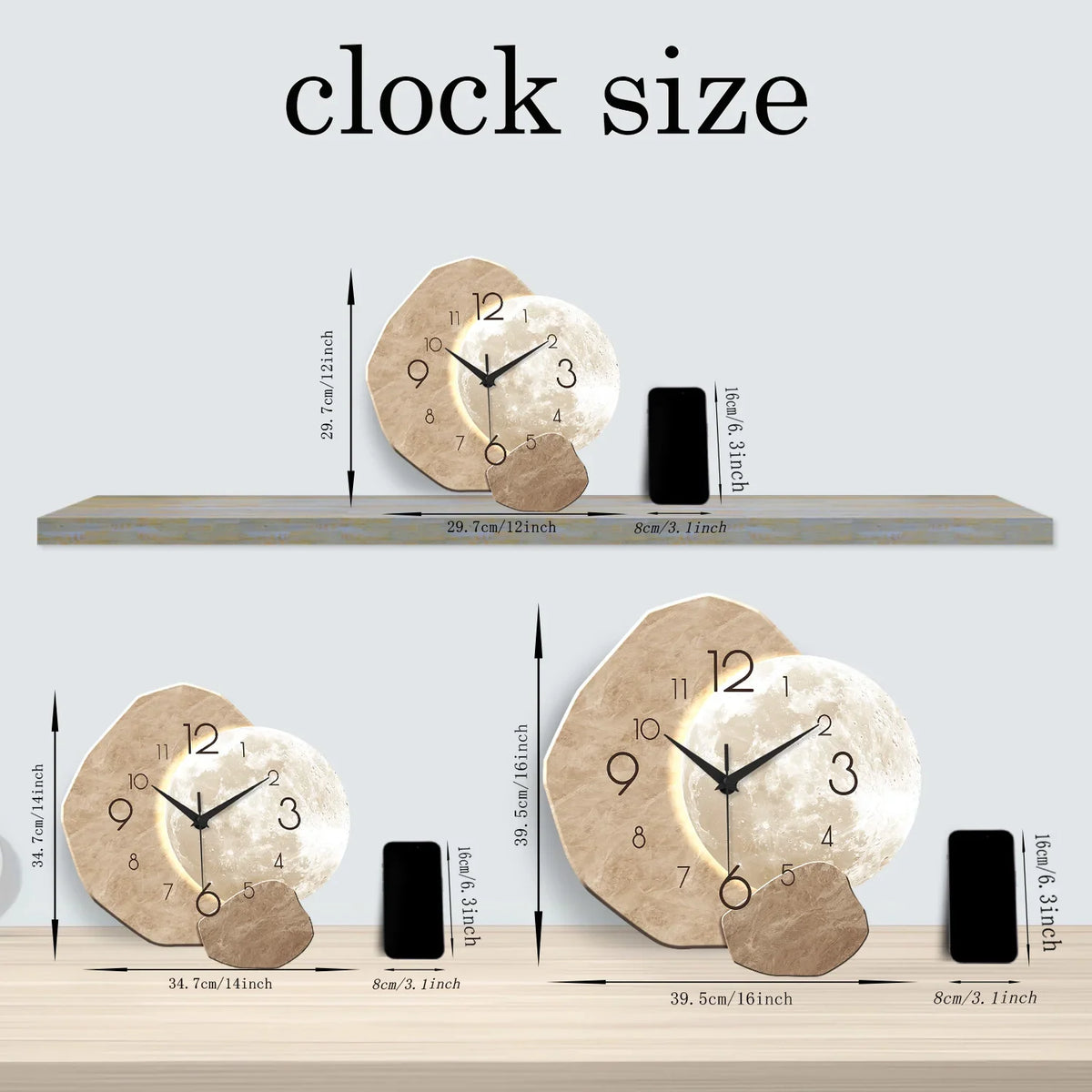 Beige moon design wall clock with wood-effect frame and black numerals