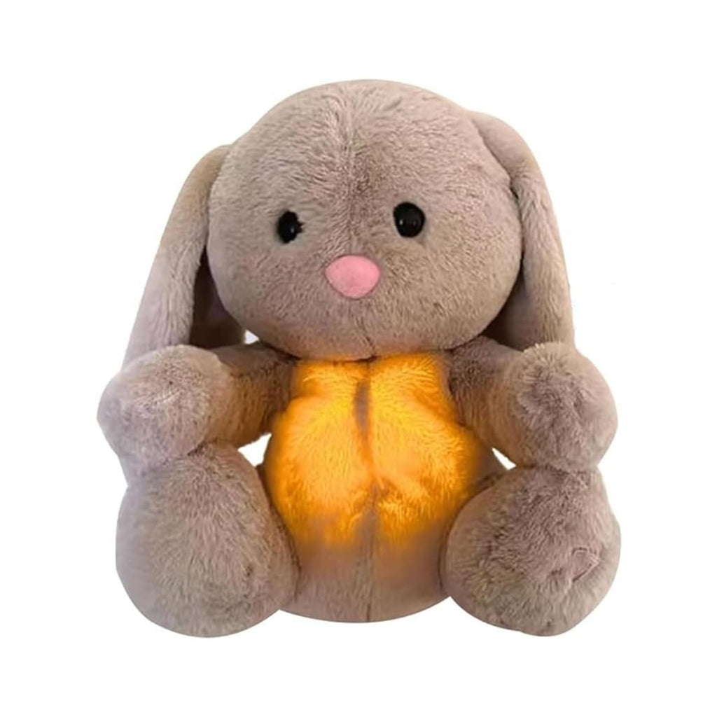 Grey rabbit stuffed animal with floppy ears and illuminated yellow belly