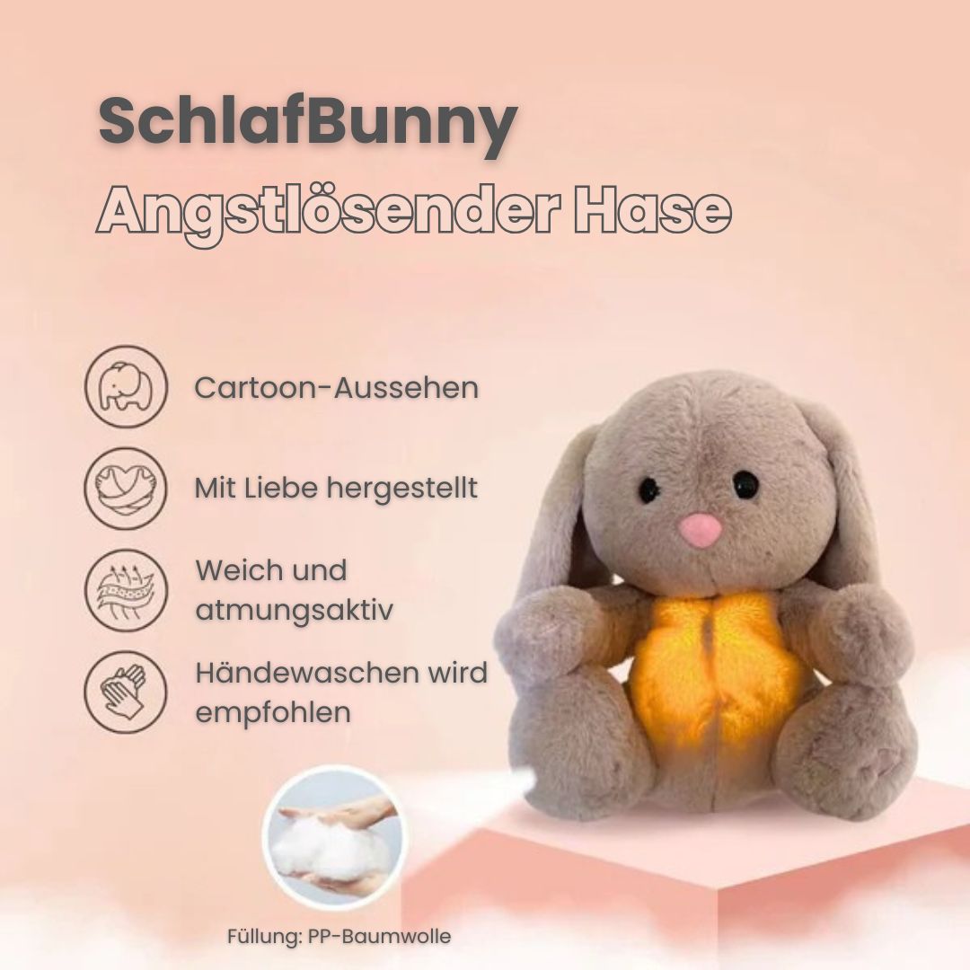 Grey rabbit stuffed animal with floppy ears and illuminated yellow belly