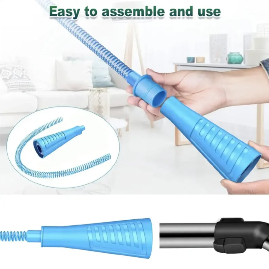 Blue flexible dryer vent cleaner hose with tapered vacuum adapter