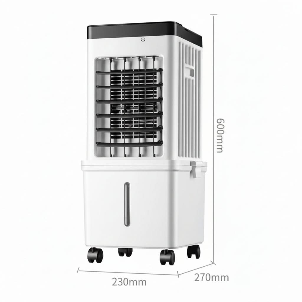 White portable air cooler with water tank, vents, control panel and wheels