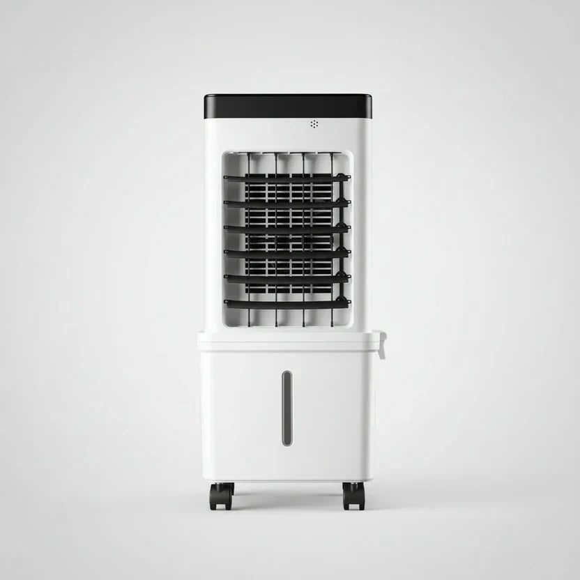 White portable 3-in-1 air cooler with fan and humidification functions on castor wheels