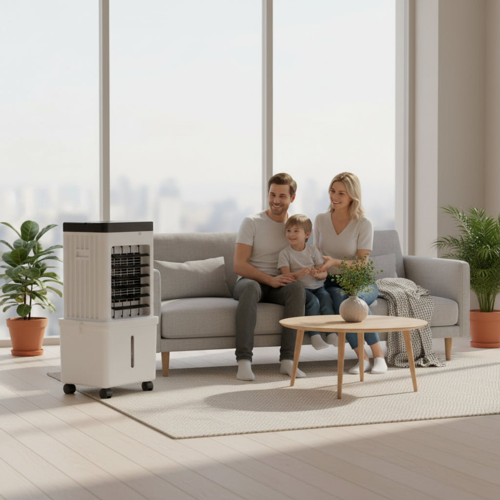 White portable 3-in-1 air cooler with fan and humidification functions on castor wheels