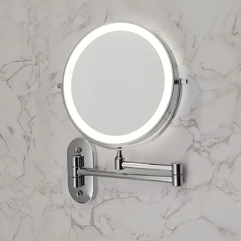 Round wall mounted LED magnifying mirror with adjustable arm