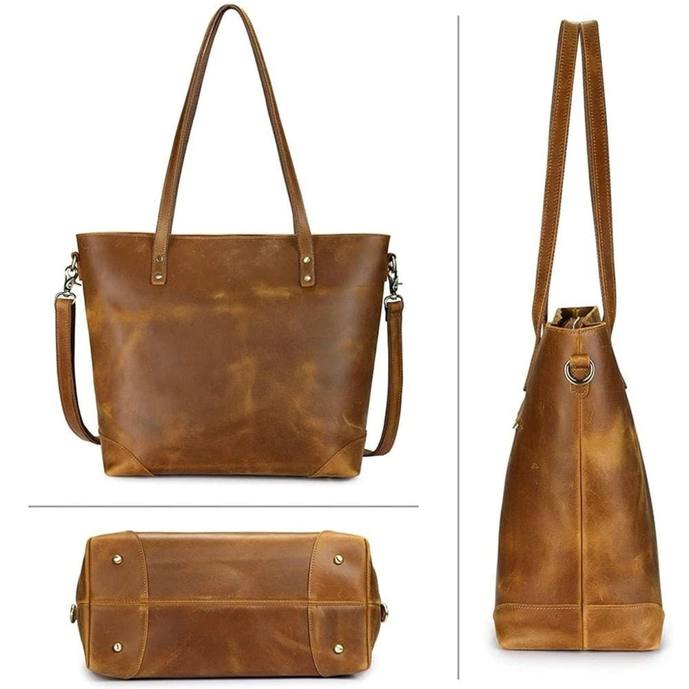 Vintage faux leather tote bag with long handles and front zipped pocket