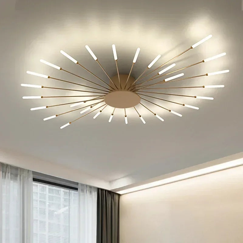 Radial LED ceiling light with sunburst arms and white light bars