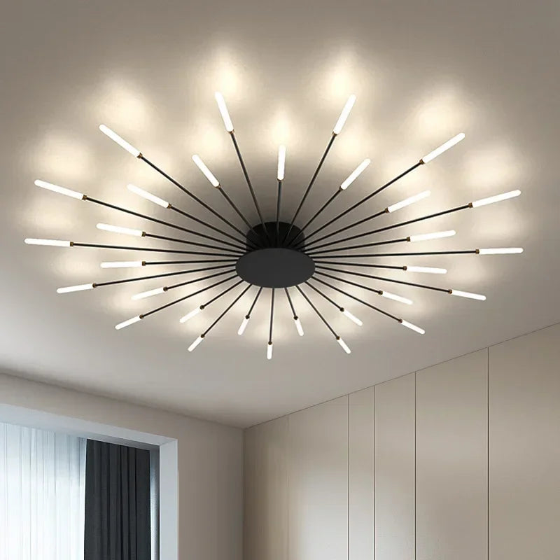 Radial LED ceiling light with sunburst arms and white light bars