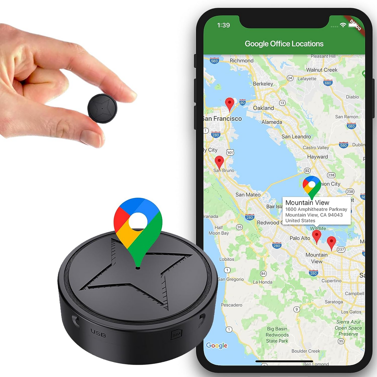 Black round magnetic GPS tracker beside a smartphone map