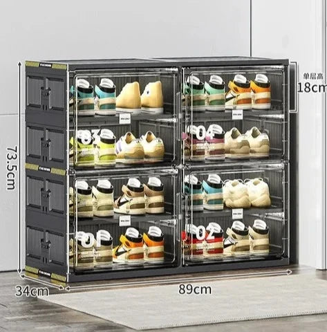 Two-tier stackable shoe storage cabinet with transparent front doors