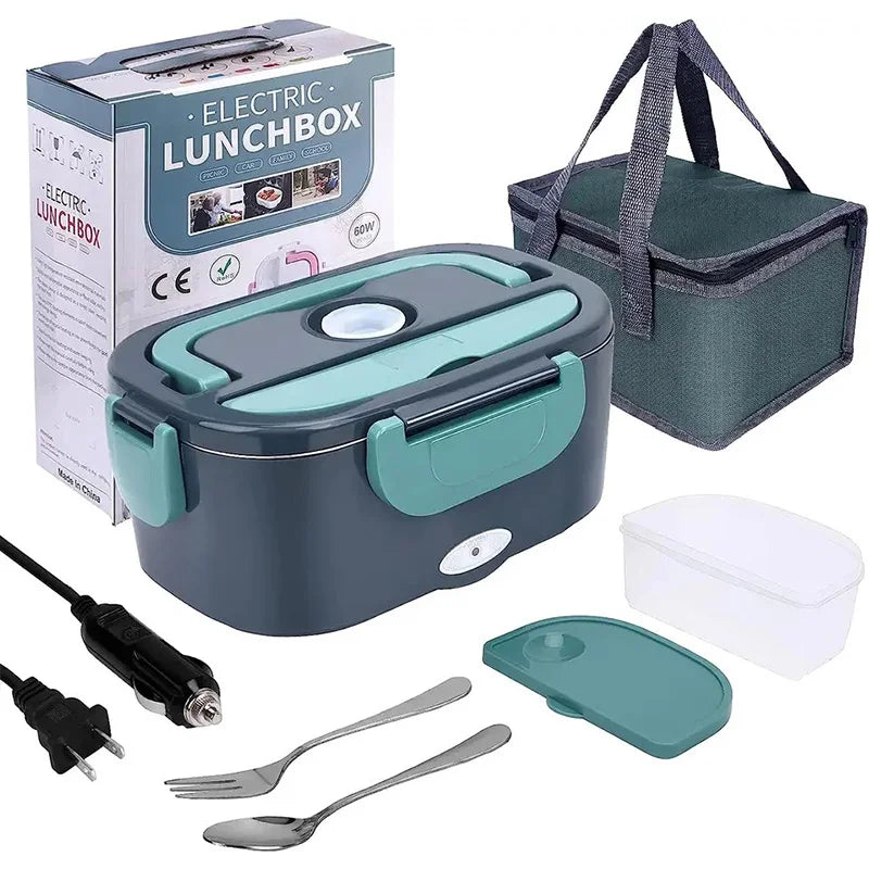 Dark grey and teal electric lunch box with carry bag, food container, cutlery and power leads