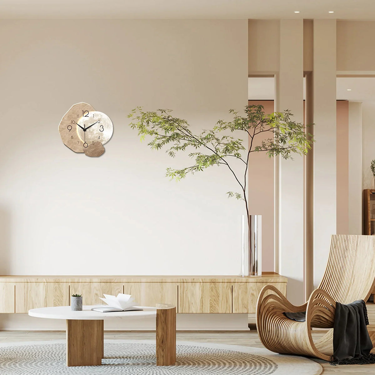 Beige moon design wall clock with wood-effect frame and black numerals