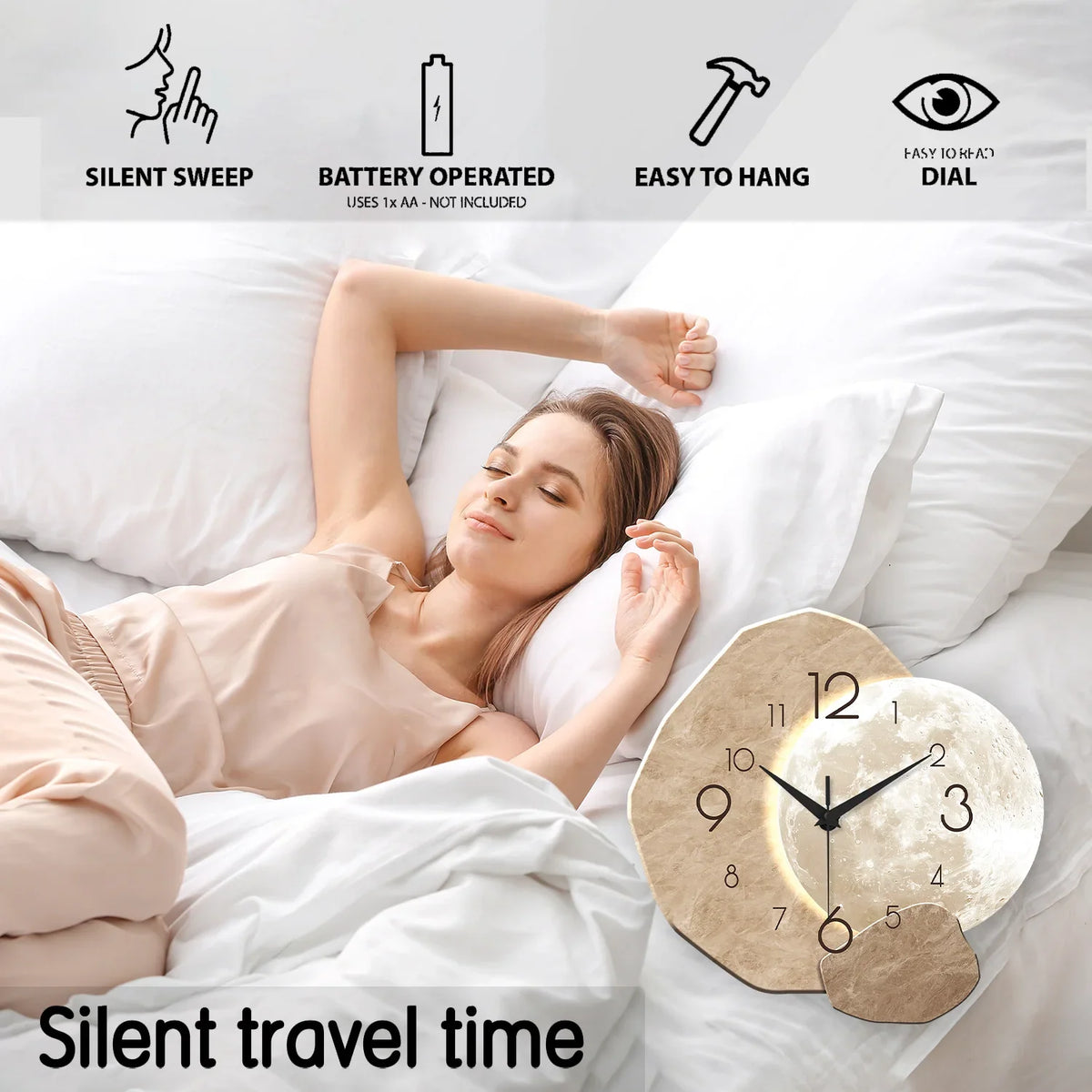 Beige moon design wall clock with wood-effect frame and black numerals