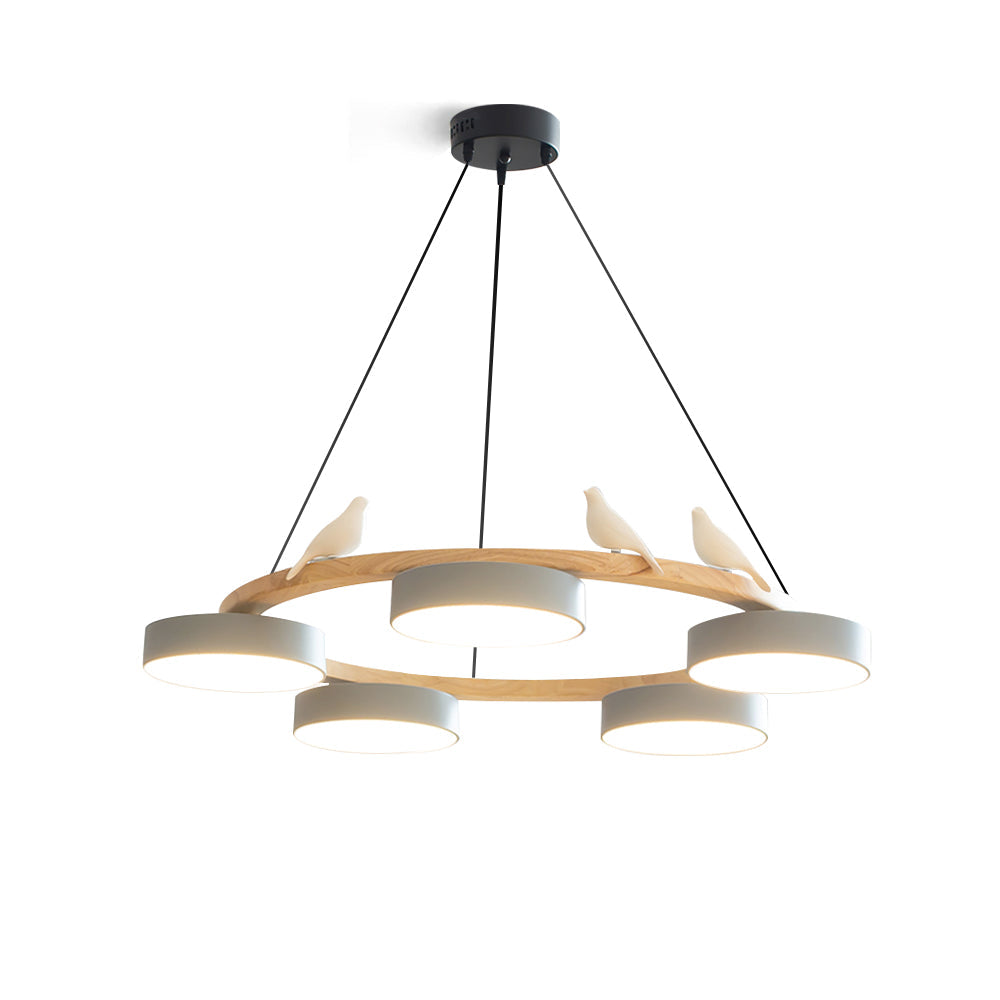Round chandelier with four pendant shades, a wood-effect ring and bird ornament