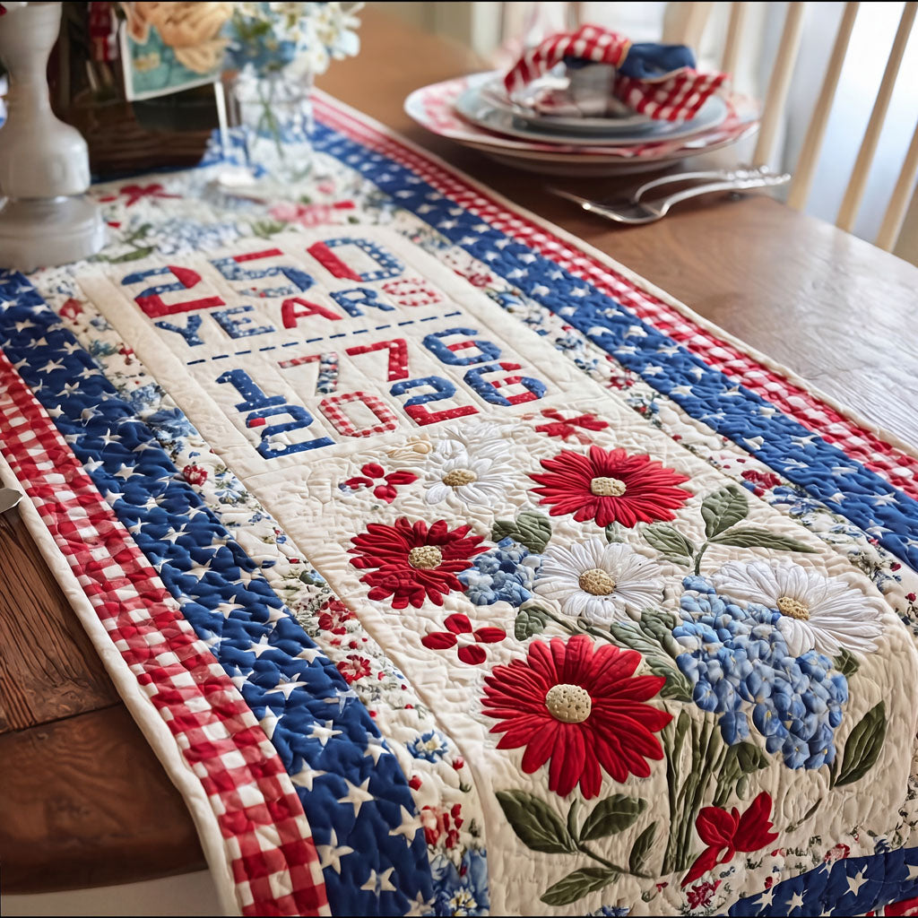Quilted patriotic patchwork table runner with floral and star panels