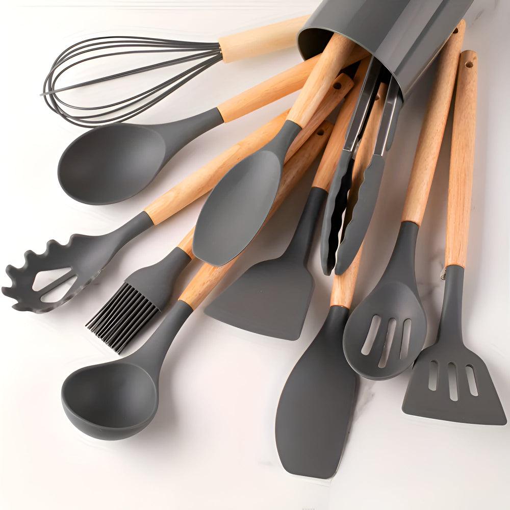 12-piece silicone cooking utensil set with spatulas, spoons, tongs, whisk and holder