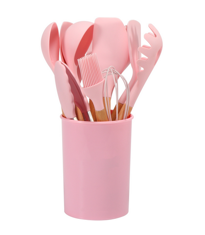 12-piece silicone cooking utensil set with spatulas, spoons, tongs, whisk and holder