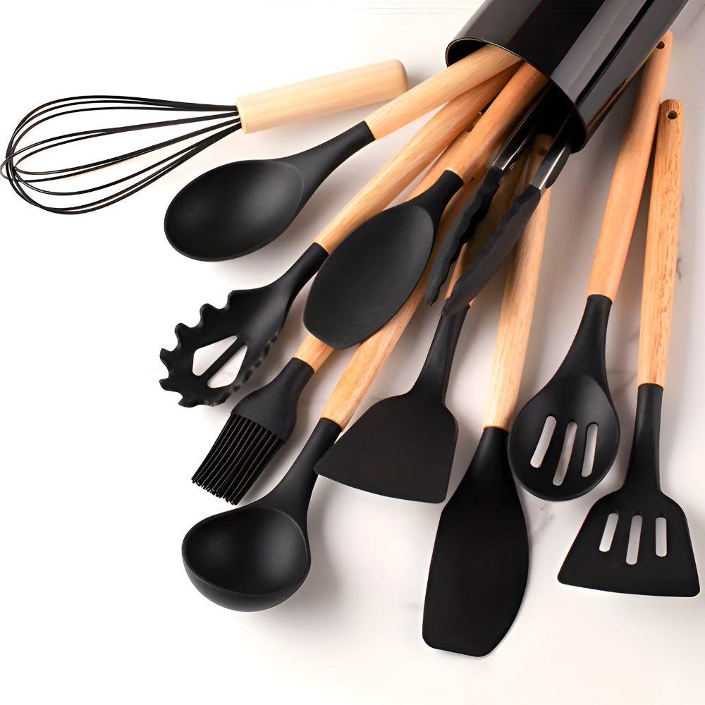 12-piece silicone cooking utensil set with spatulas, spoons, tongs, whisk and holder