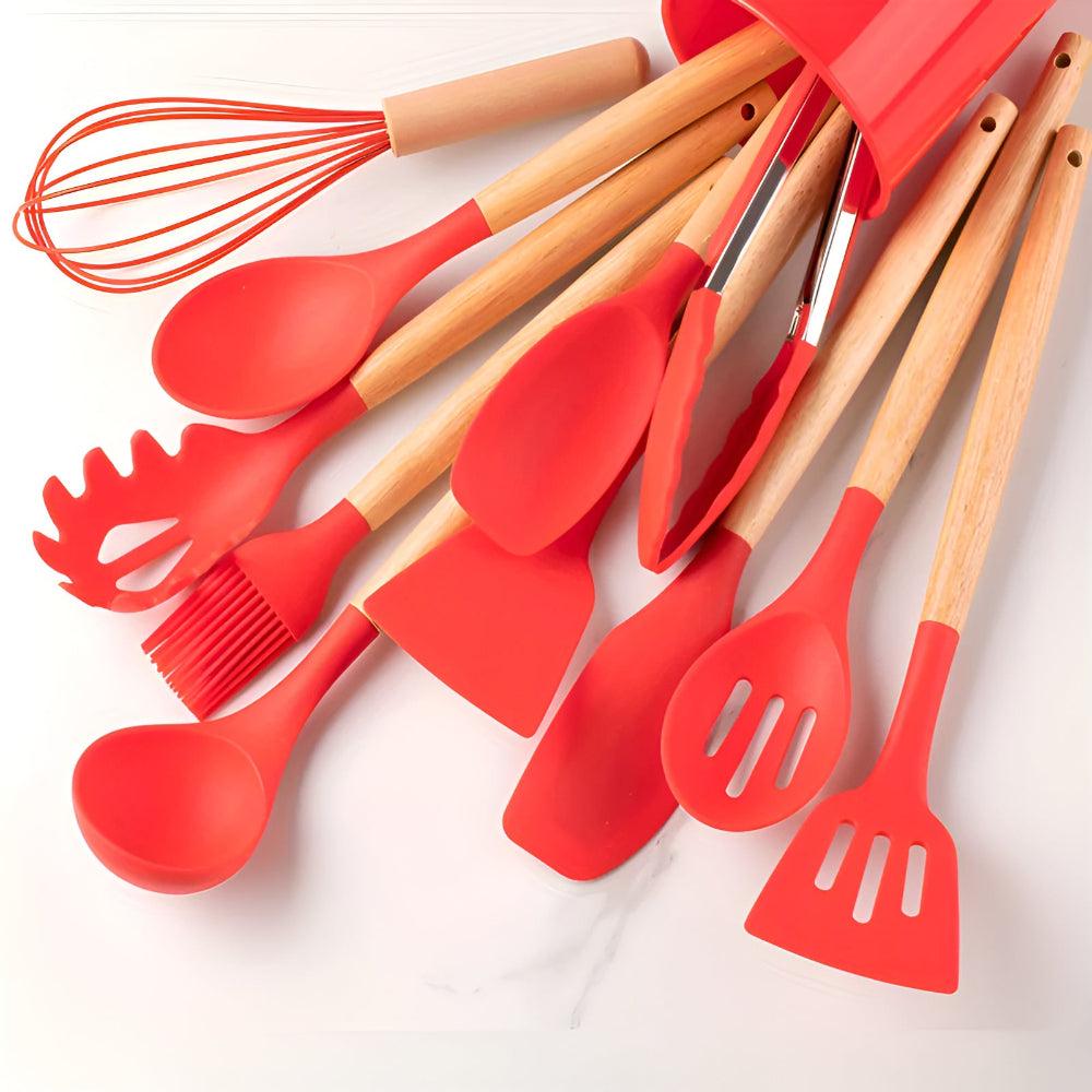 12-piece silicone cooking utensil set with spatulas, spoons, tongs, whisk and holder