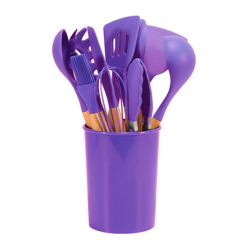 12-piece silicone cooking utensil set with spatulas, spoons, tongs, whisk and holder