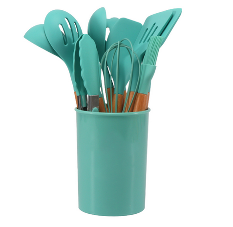 12-piece silicone cooking utensil set with spatulas, spoons, tongs, whisk and holder