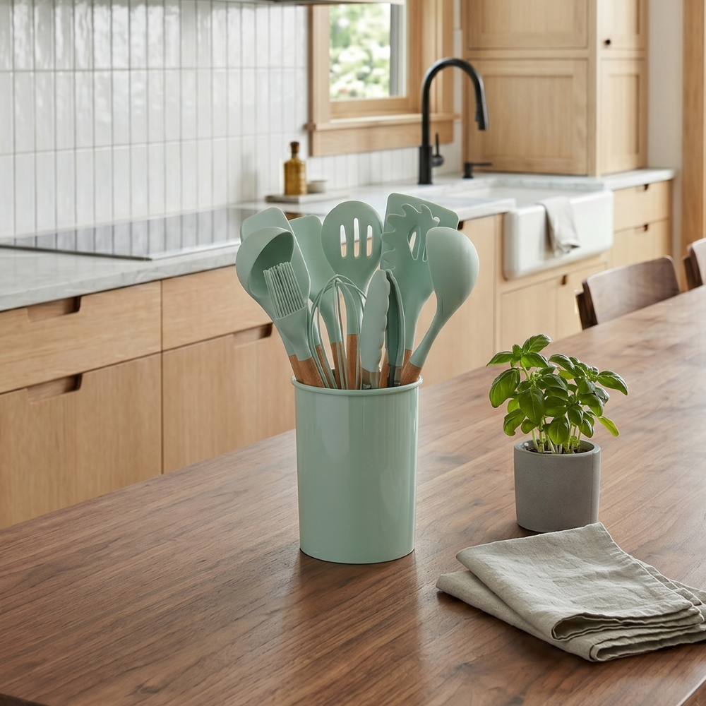 12-piece silicone cooking utensil set with spatulas, spoons, tongs, whisk and holder