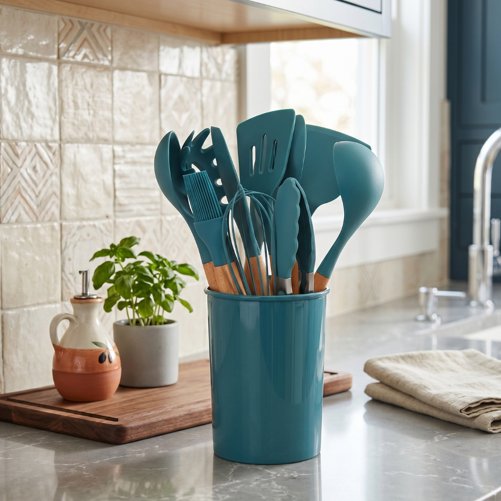 12-piece silicone cooking utensil set with spatulas, spoons, tongs, whisk and holder