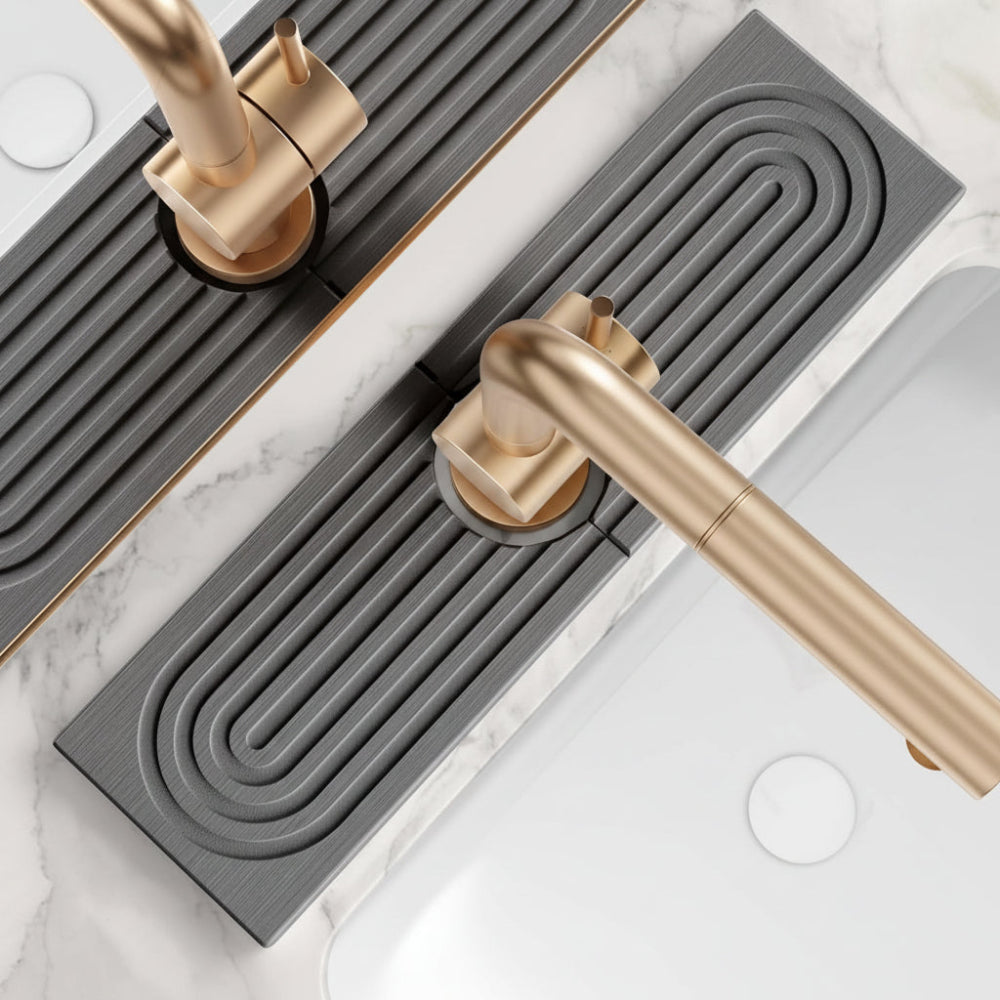 Rectangular diatomite sink mat with raised grooves around a kitchen faucet